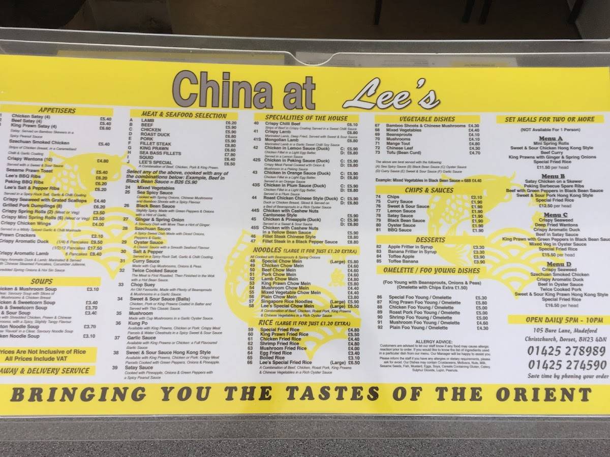Menu at China At Lee’s fast food, Christchurch