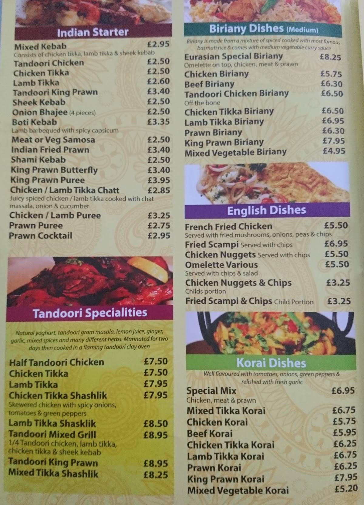 Menu at Eurasian restaurant, Hull, 621 Holderness Rd