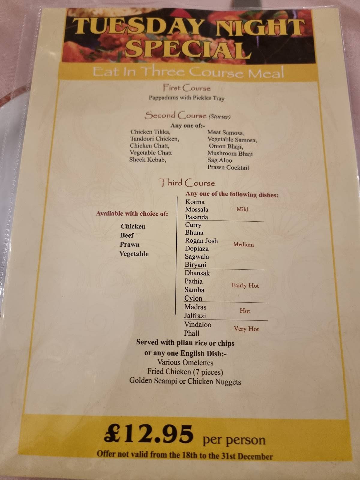 Menu at Eurasian restaurant, Hull, 621 Holderness Rd