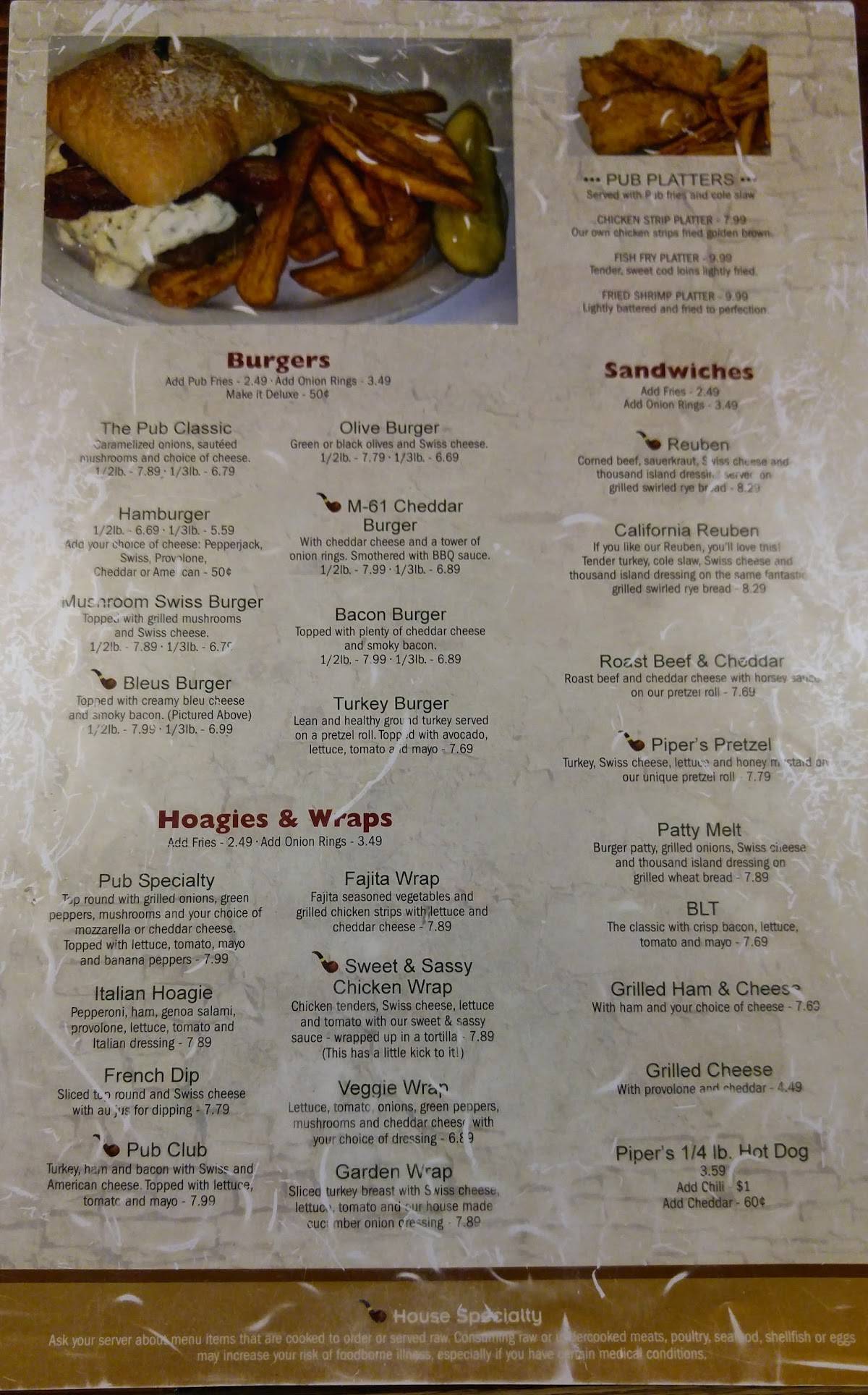 Menu at Piper's Pub, Gladwin
