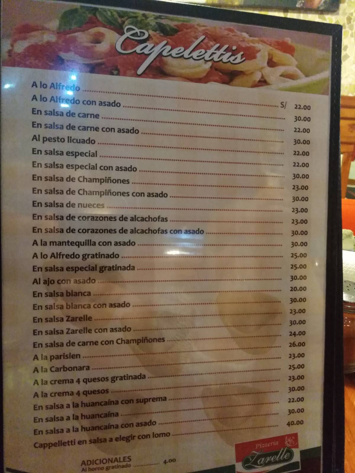 Carta de Pizzeria zarelle san miguel, San Miguel, Costado de tottus