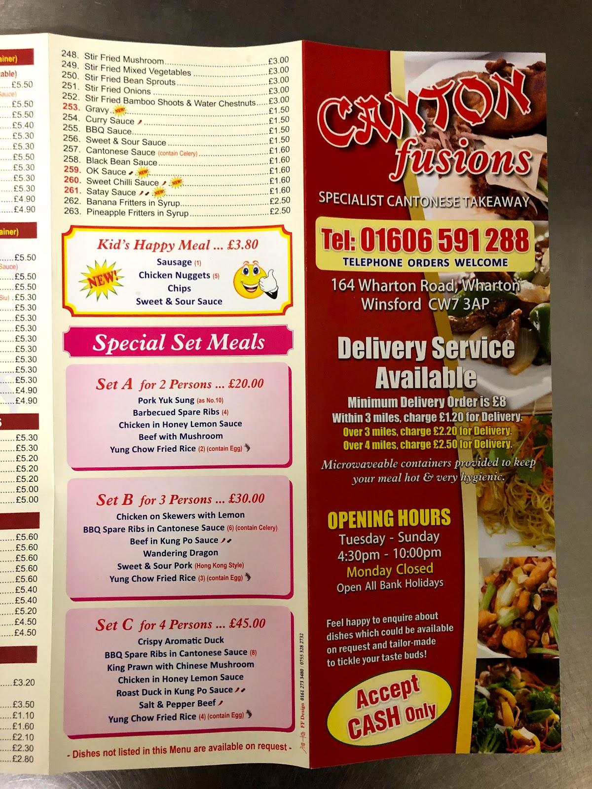 Menu at Canton Fusions fast food, Winsford