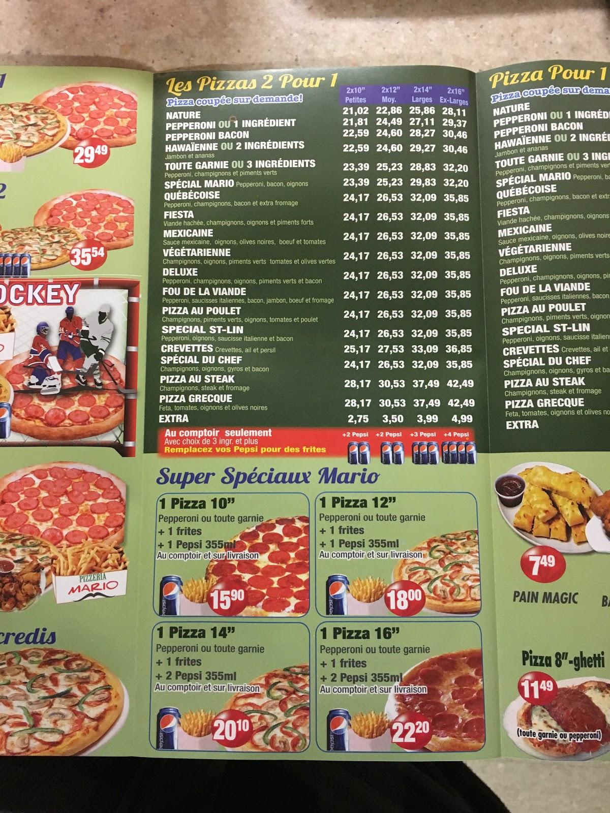 Menu au Pizzeria Mario (SaintLinLaurentides), SaintLin Laurentides