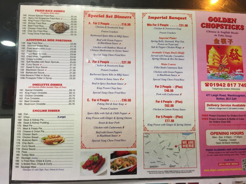 Menu at Golden Chopstick restaurant, Bolton