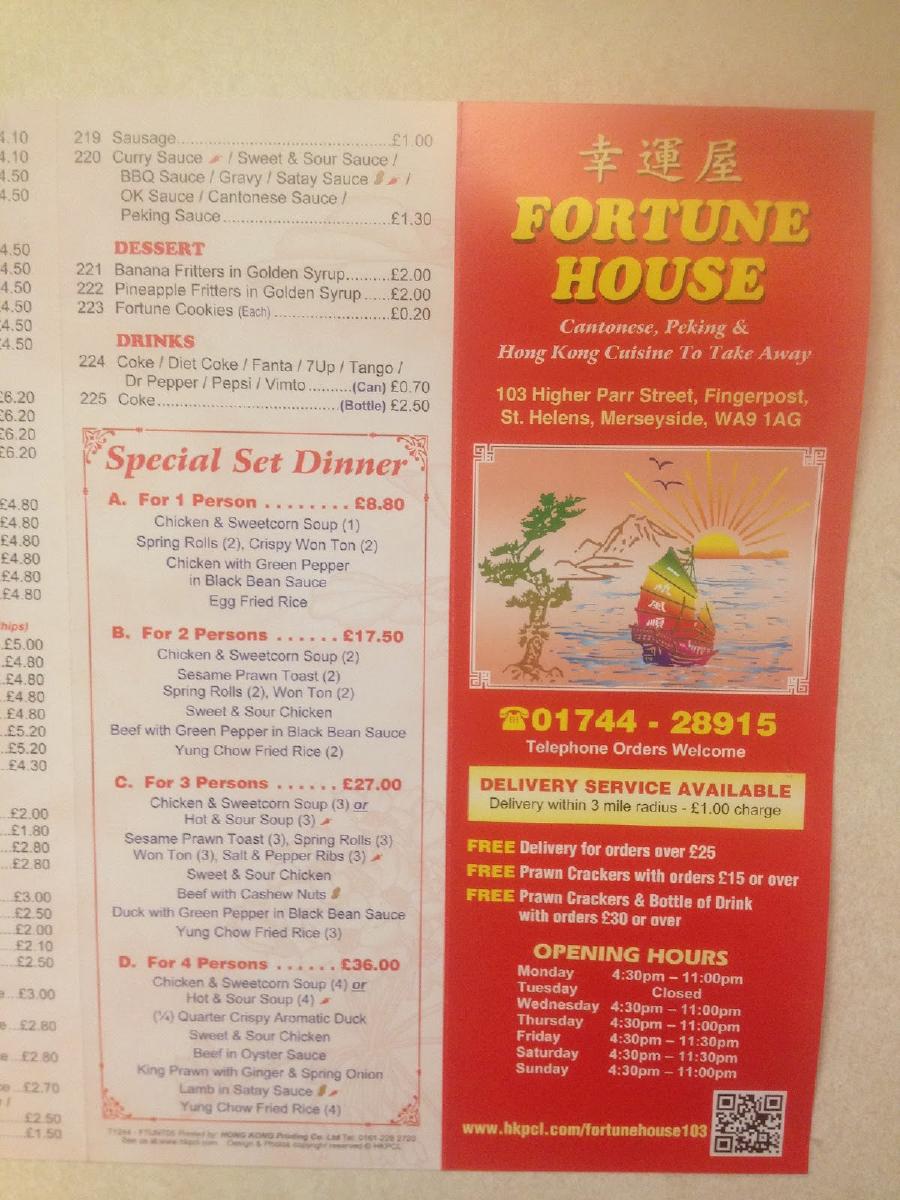 Menu at Fortune House restaurant, St Helens, 103 Higher Parr St