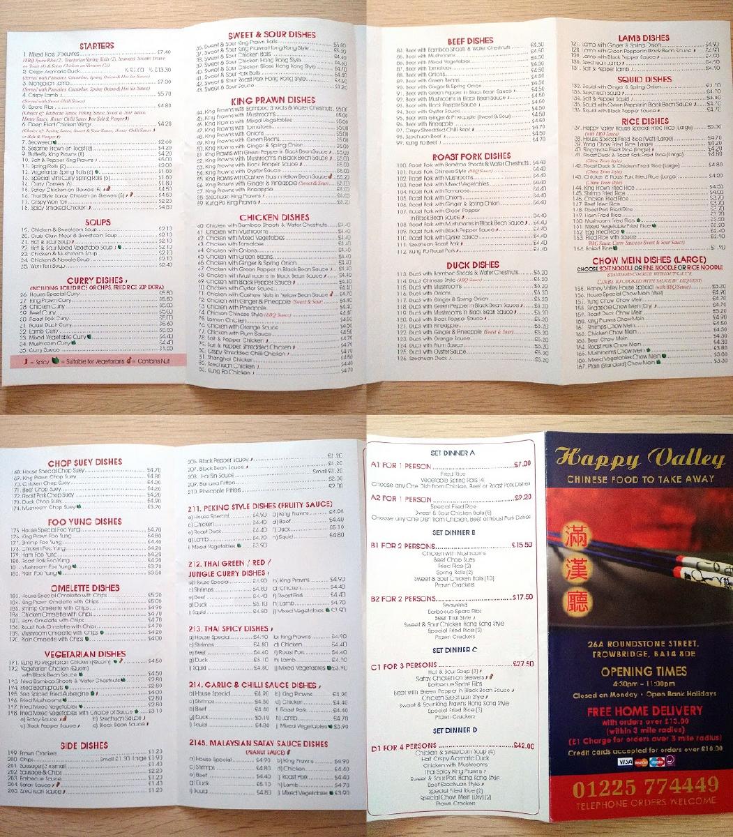 Menu at Happy Valley fast food, Trowbridge