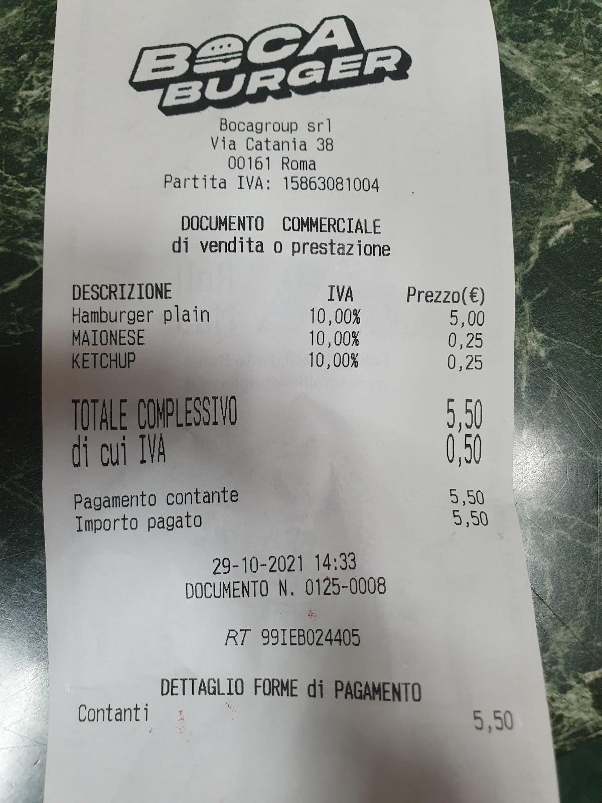 Menu at Boca Burger restaurant, Rome