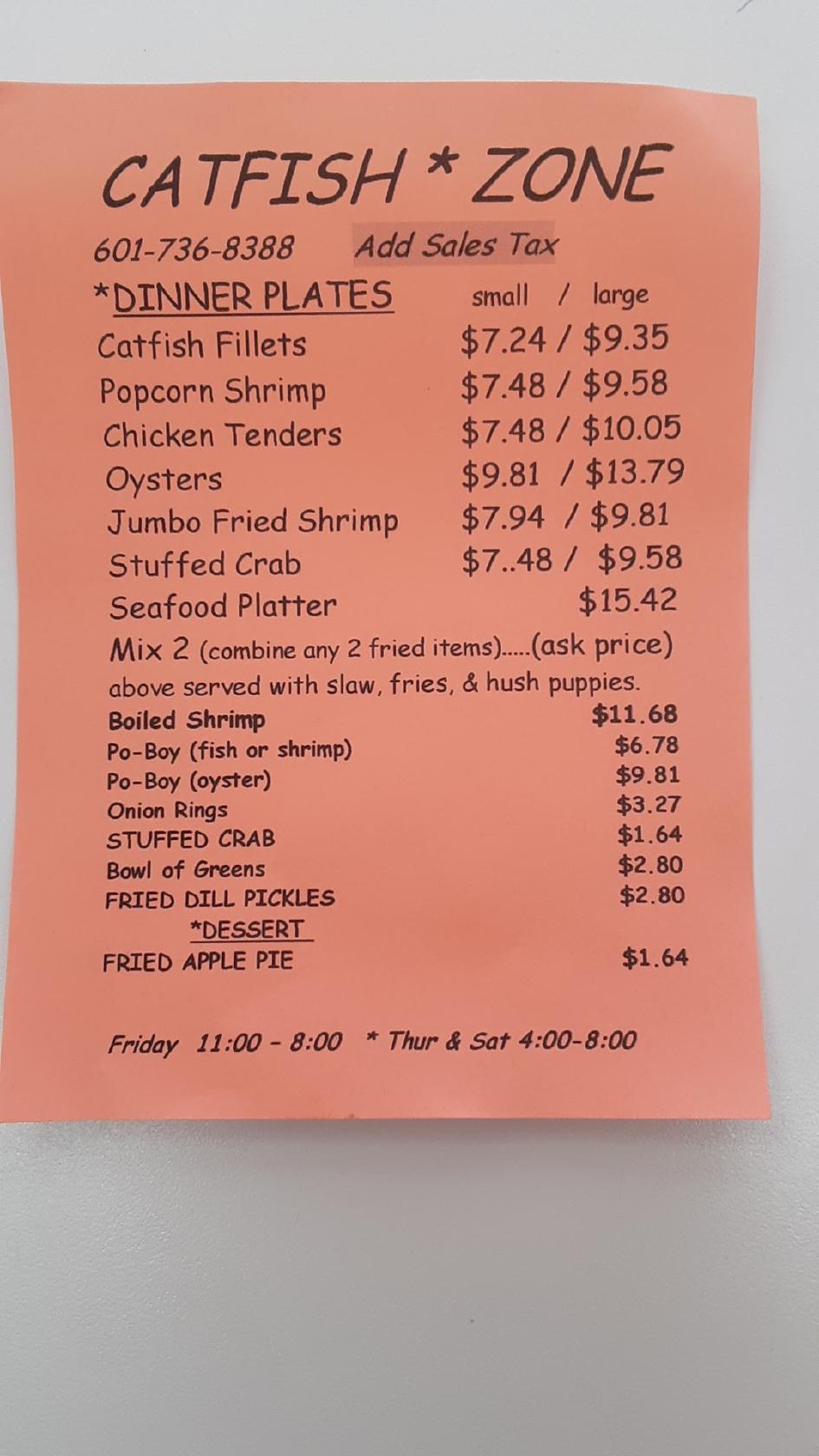 Menu at Catfish Zone restaurant, Columbia, US98