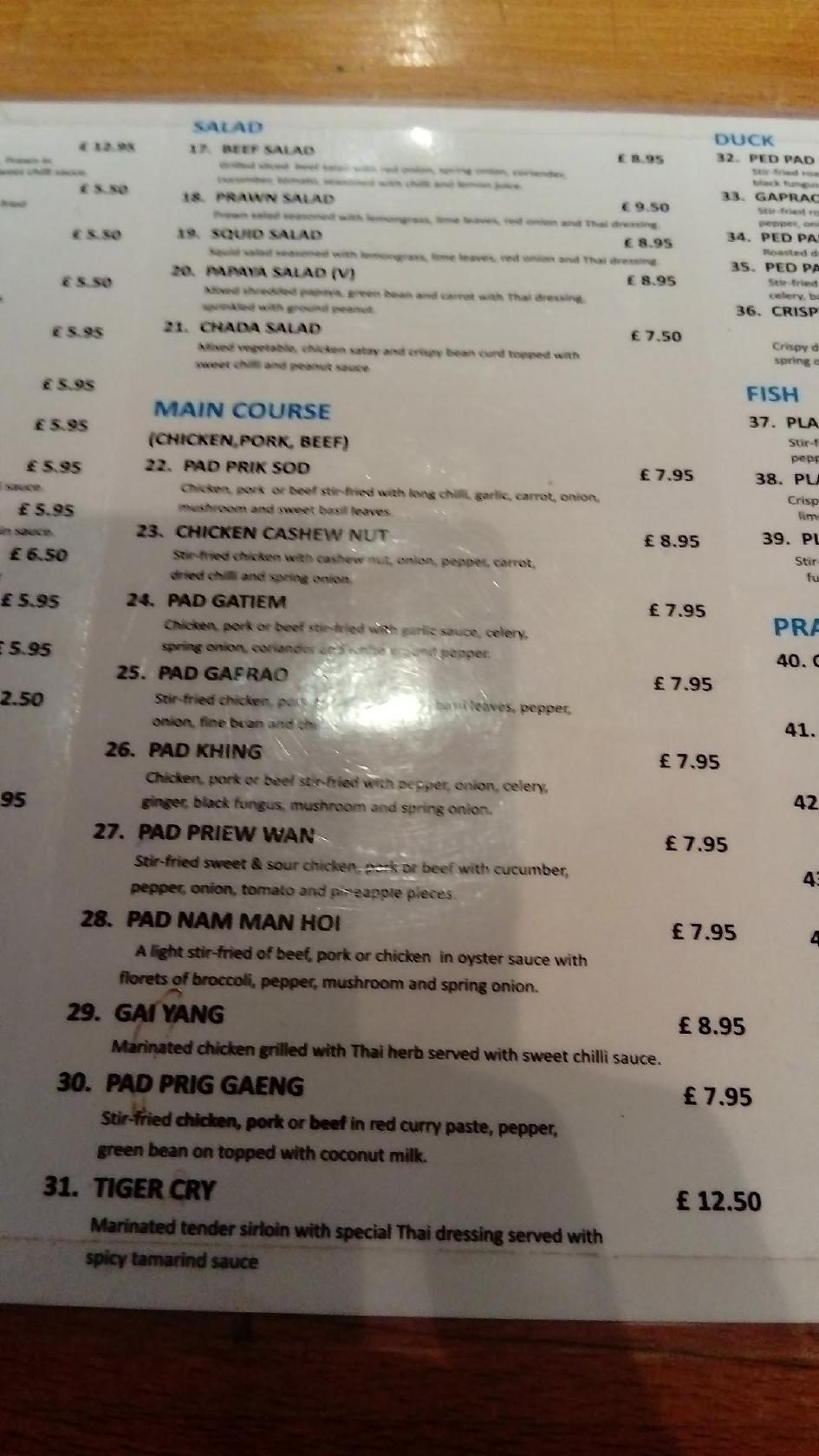 Chada Thai Restaurant menu