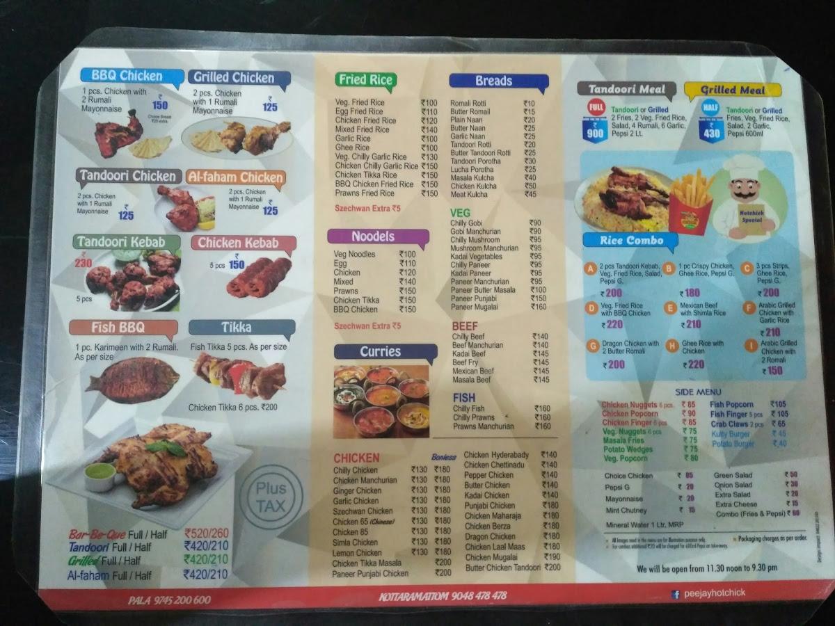 Menu at Peejay's Hot Chick, Pala