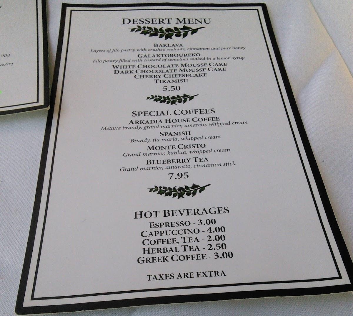 Menu de The Arkadia House