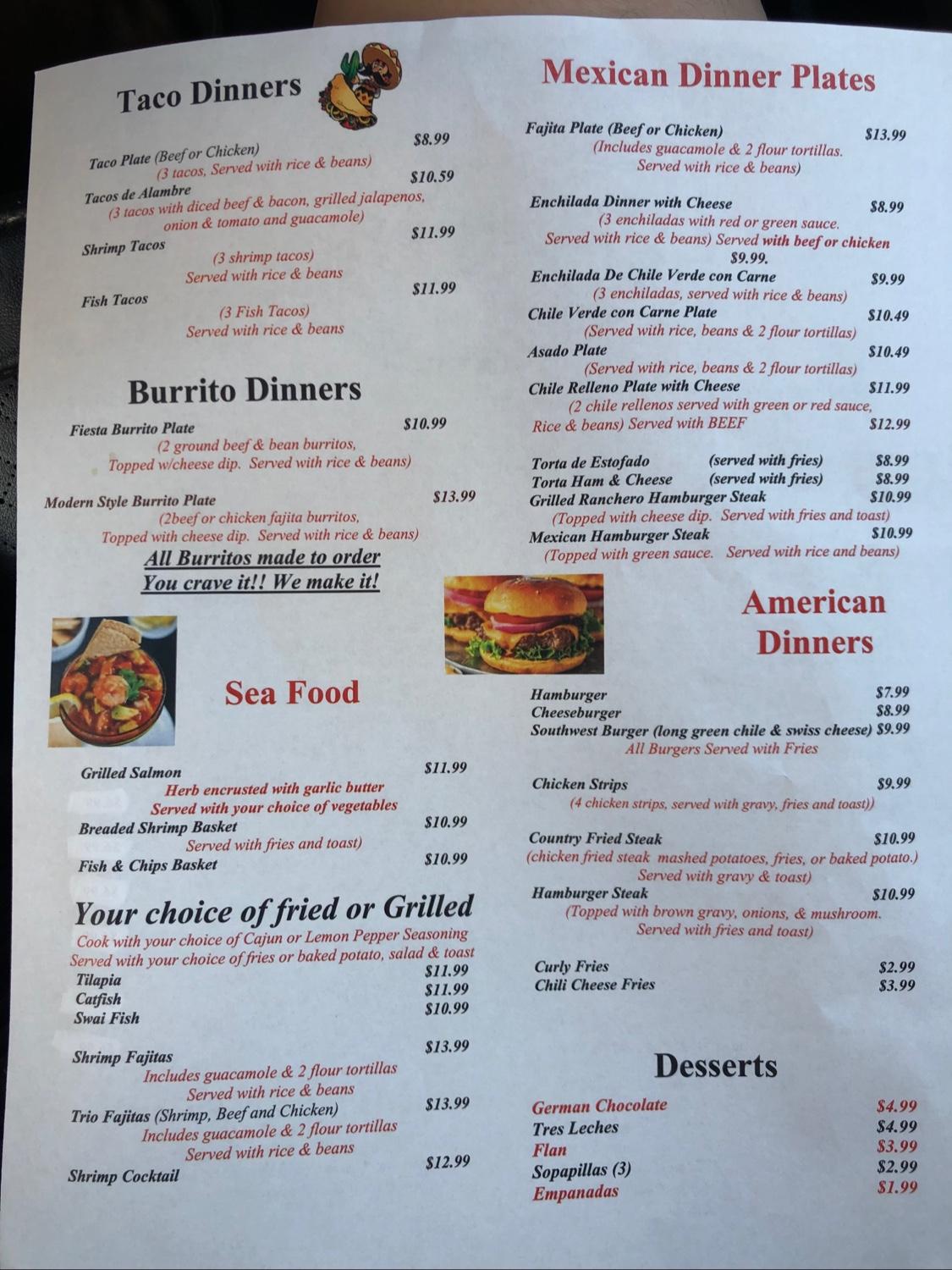 Menu at Broadway Café restaurant, Van Horn