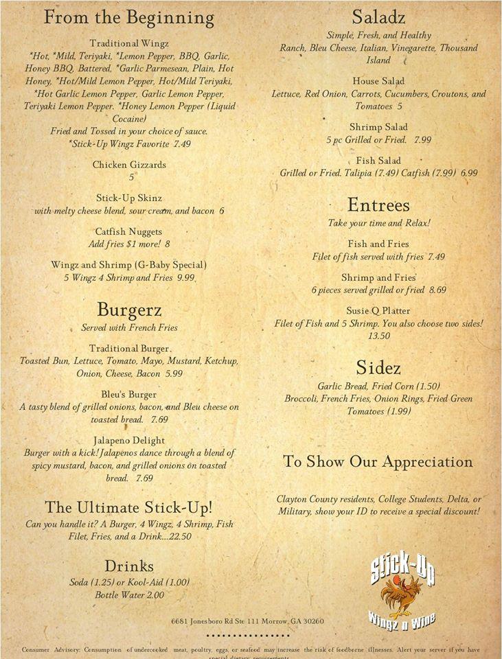 Stick-Up Wingz menu