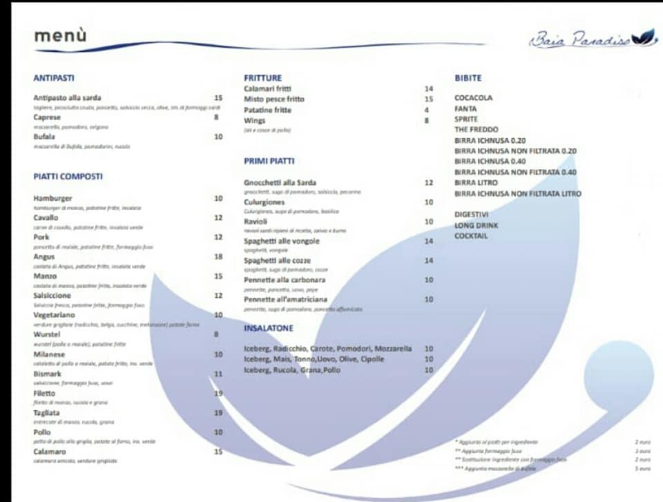 Menu di Baia Paradiso restaurant 