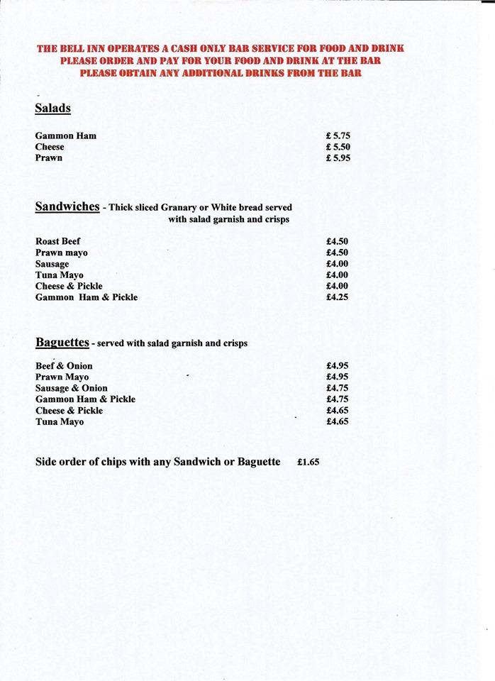 Bell Inn, Gosberton menu