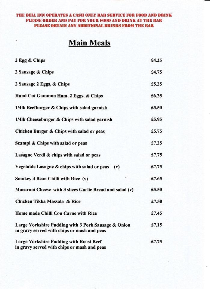 Bell Inn, Gosberton menu