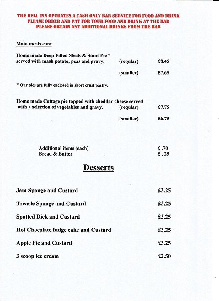 Bell Inn, Gosberton menu