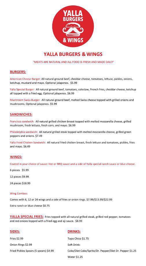 Carta de Yala Burgers Fries & Wings Halal LLC