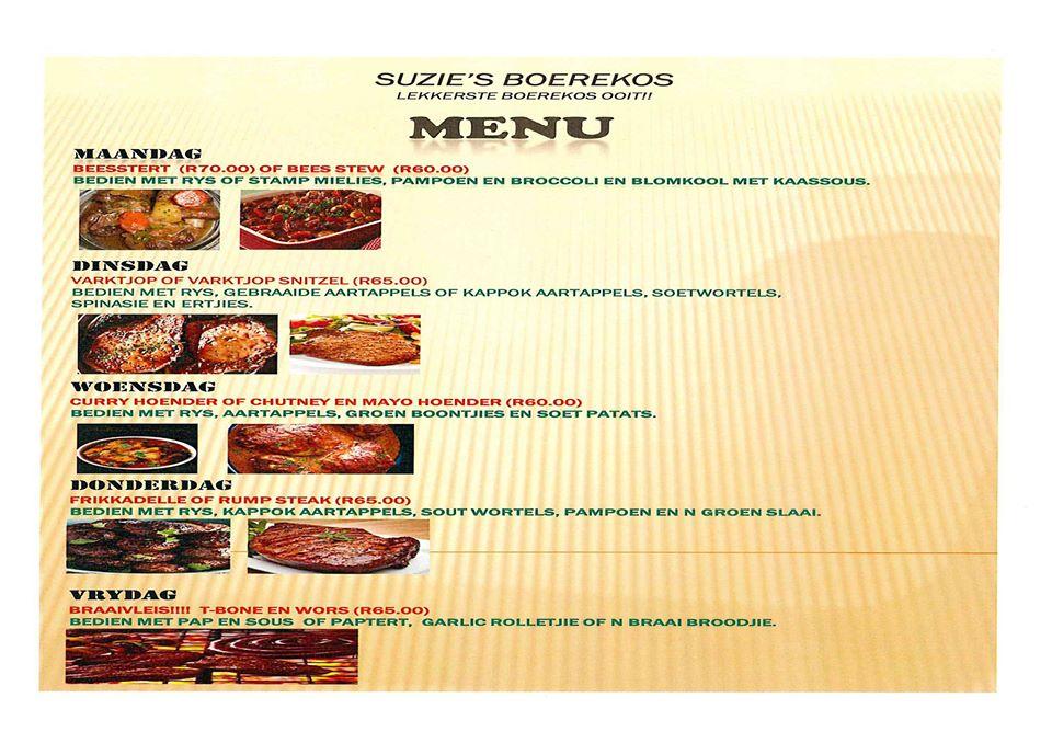 Suzies Boerekos menu
