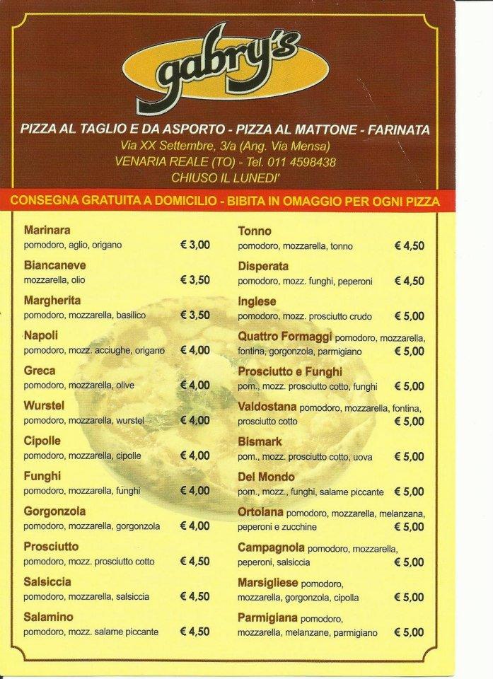 Menu di Gabry's Pizza Venaria Reale 