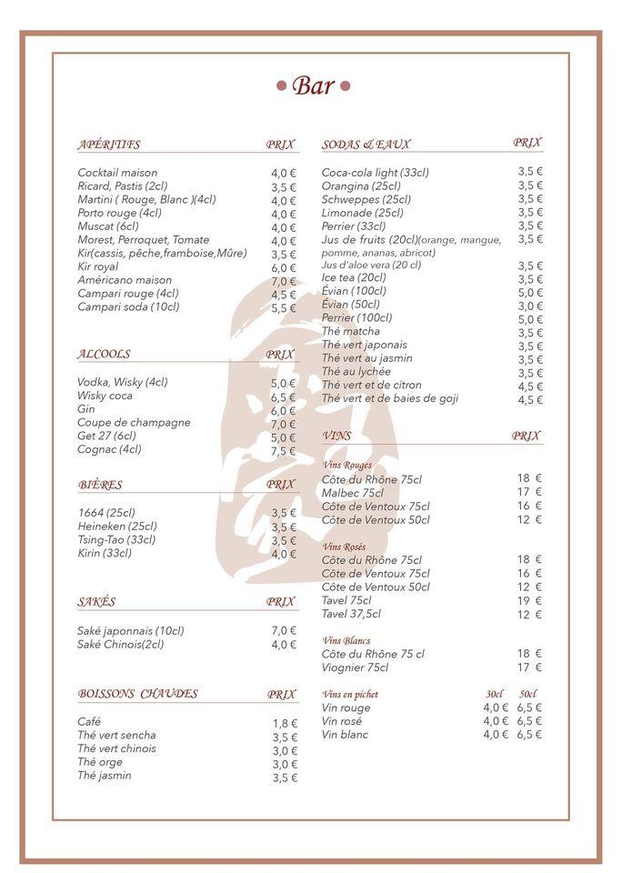 Orjade Avignon menu