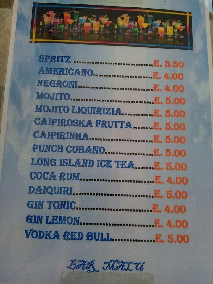 Menu di Bar Malú 
