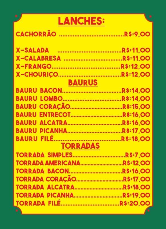 Carta de BiBi lanches Rio Grande RS