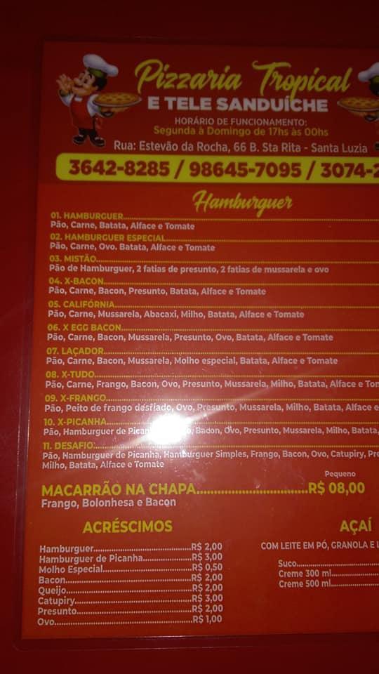 Tele Sanduíche e Pizza Tropical Santa Luzia MG cardápio