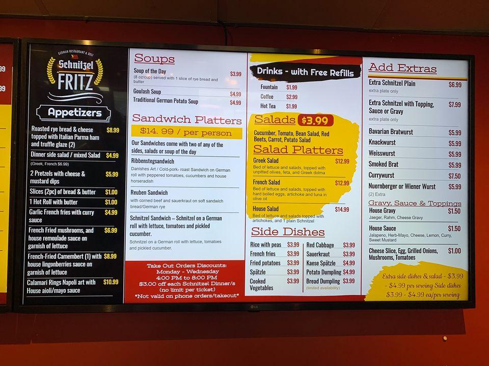 Menu at Schnitzel Fritz restaurant, Colorado Springs, Tutt Blvd