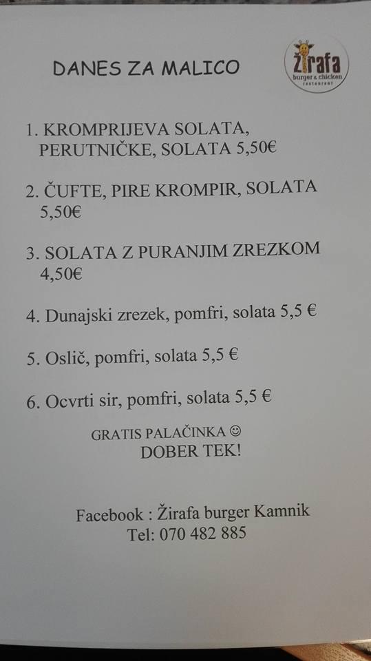 Menu di Zirafa burger Kamnik 