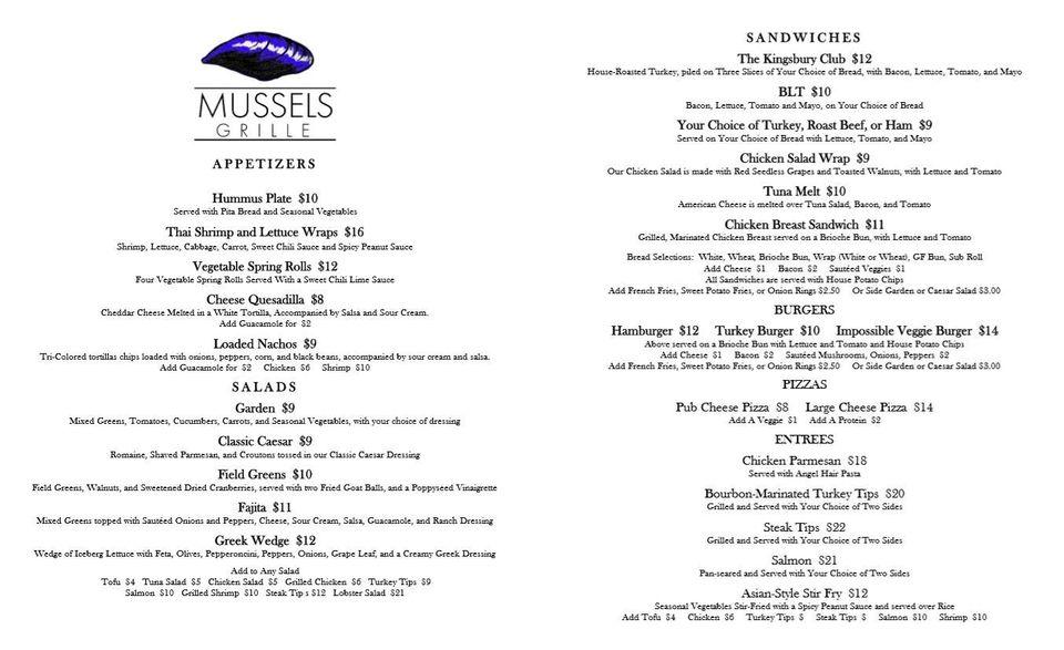 Menu at Mussels Grille restaurant, Kingston
