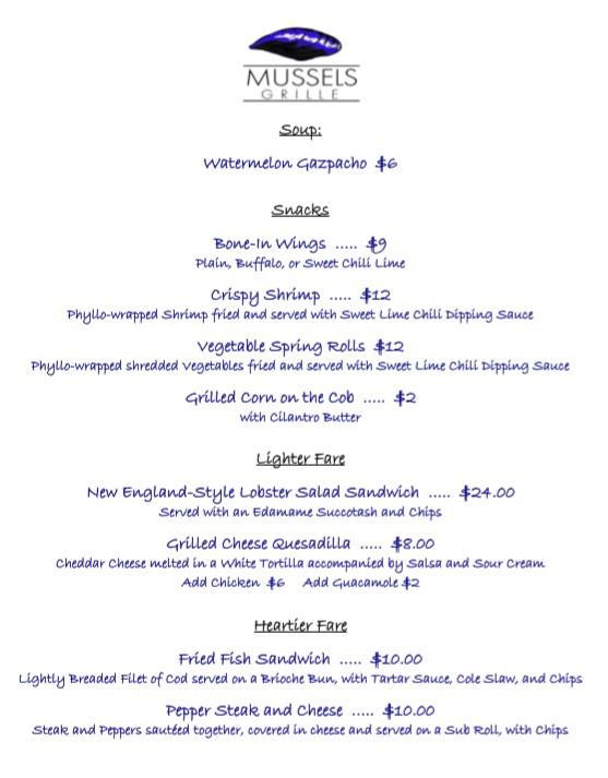 Menu at Mussels Grille restaurant, Kingston