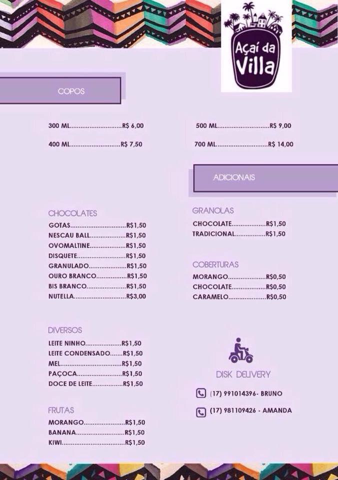 Açaí da Villa cardápio