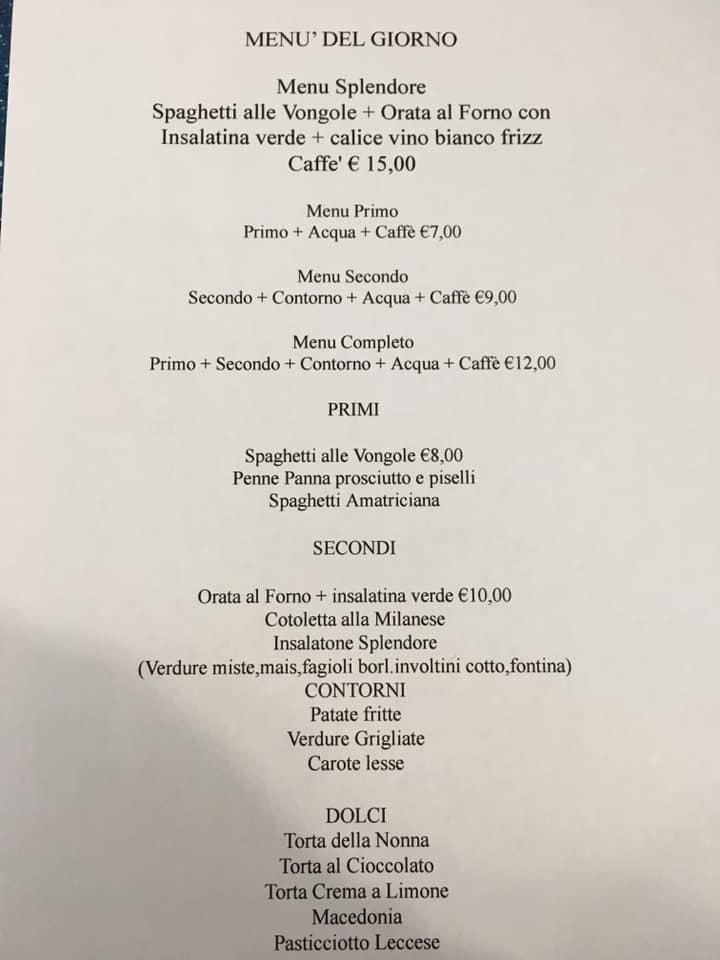 Menu di Bar Risto Splendore 