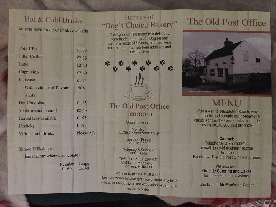 Menu at The Old POst Office cafe, Mappleton