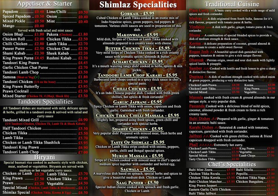 Shimlaz menu