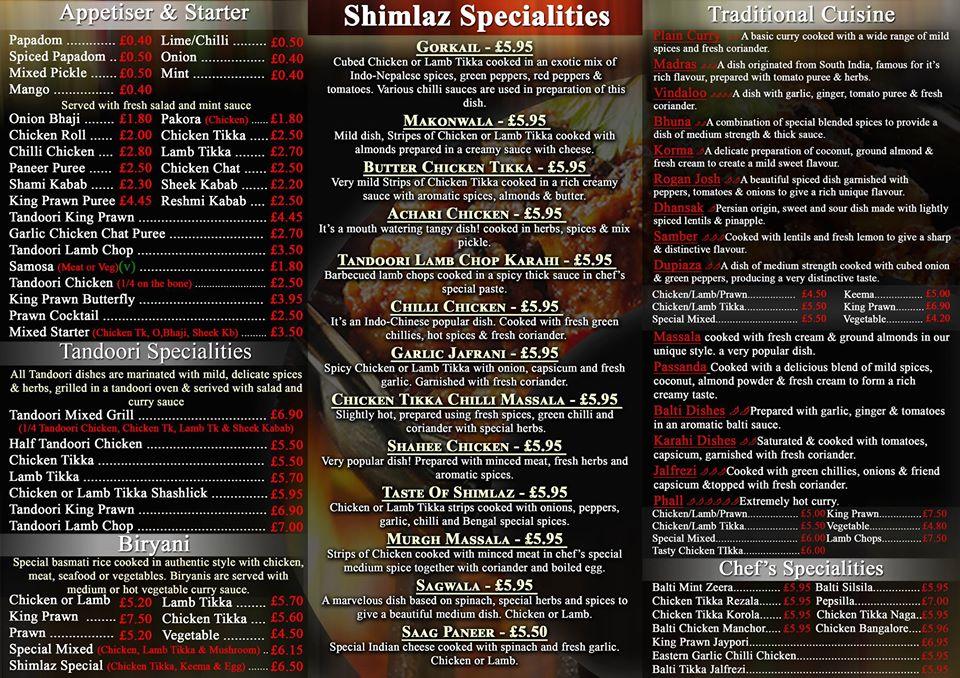 Shimlaz menu