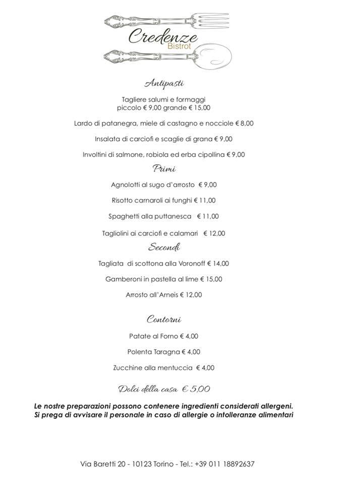 Menu di Credenze bistrot 