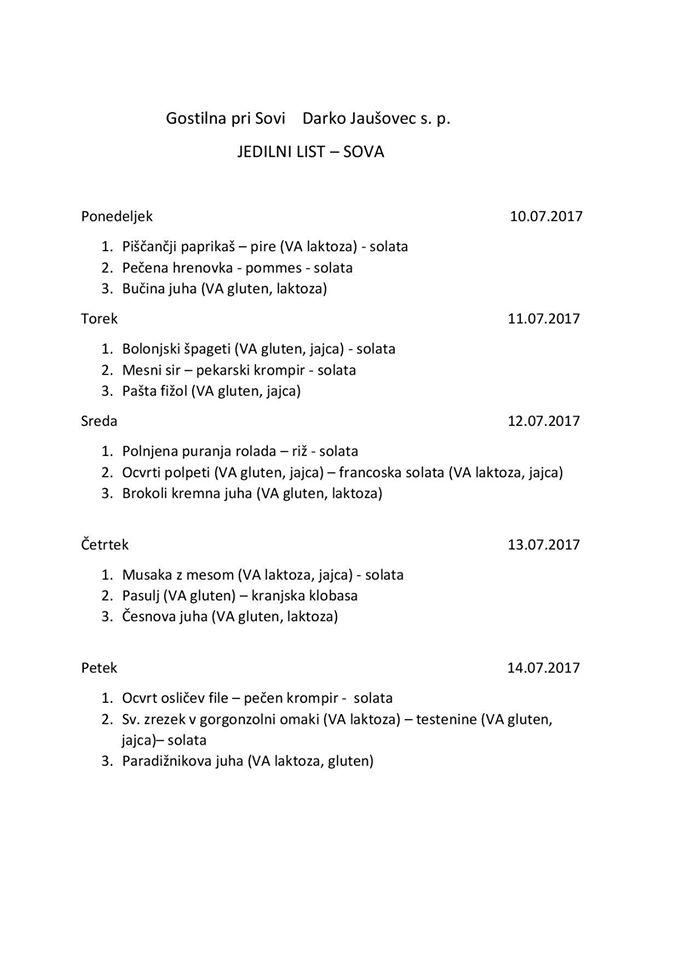 Menu di Gostilna pri Sovi 