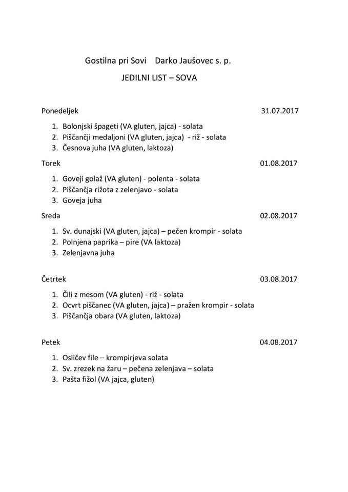 Menu di Gostilna pri Sovi 