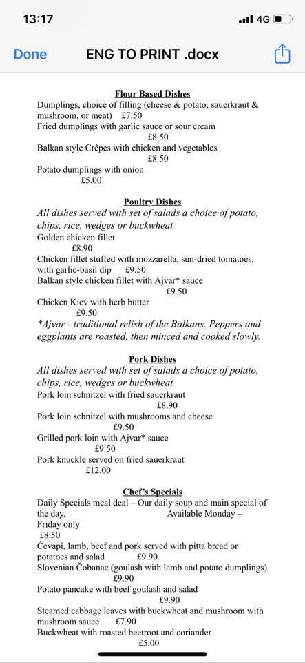 Pyza Restaurant menu