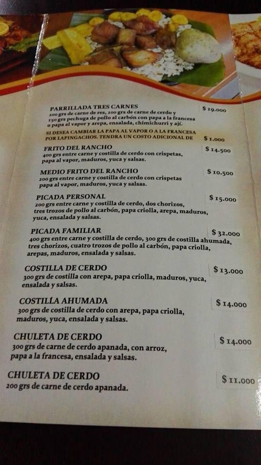 Carta de El Rancho Parrilladas Pasto