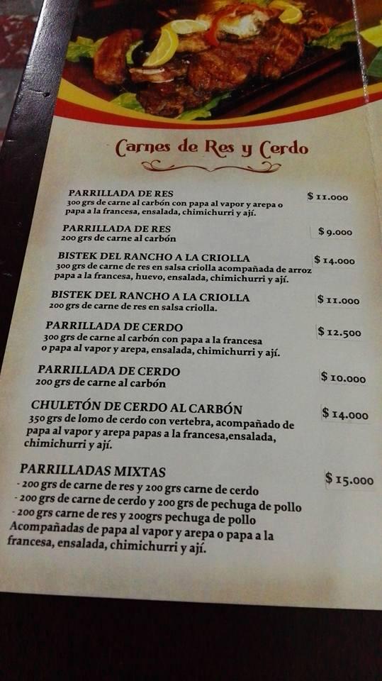 Carta de El Rancho Parrilladas Pasto