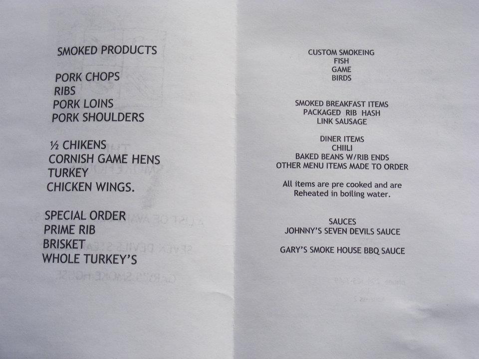 Carta de Gary's Smoke House