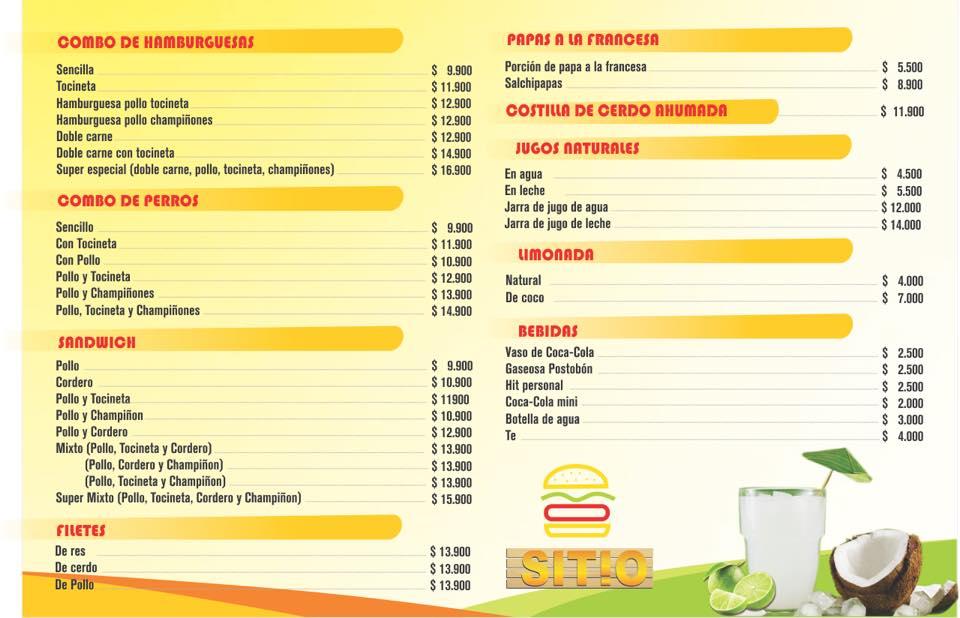 Sitio Popayán menu