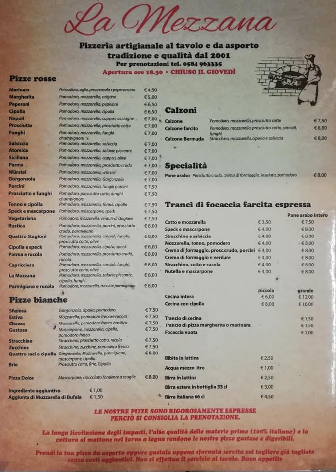 Menu di La Mezzana 