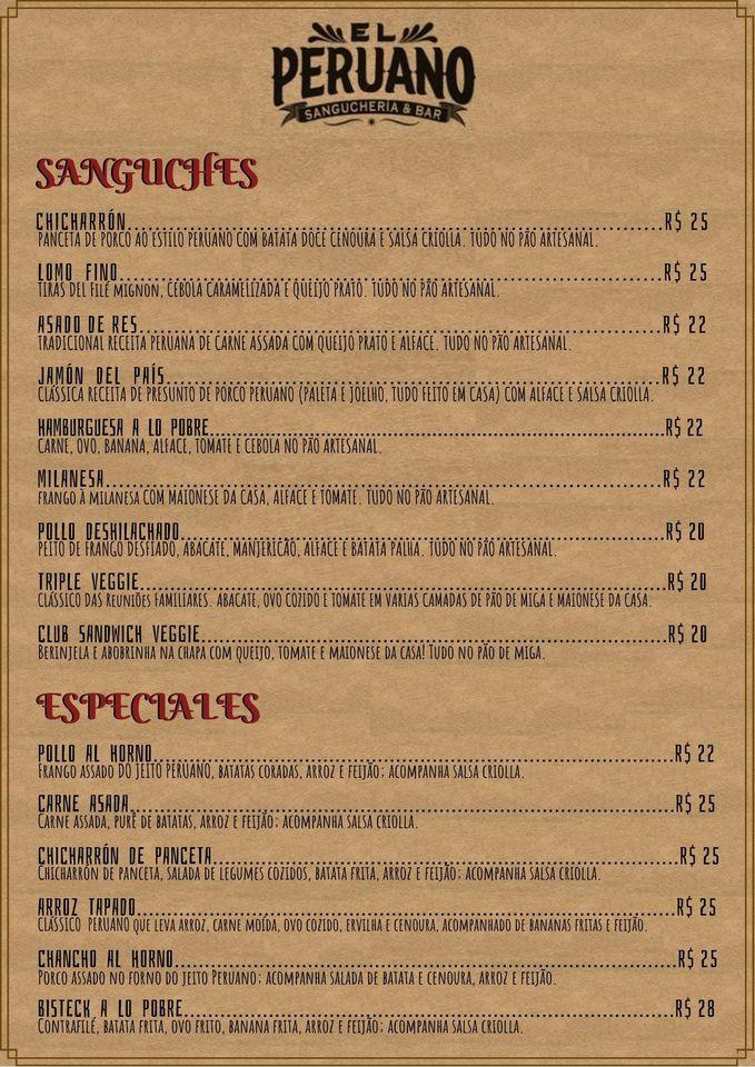 El Peruano - Sangucheria & Bar cardápio