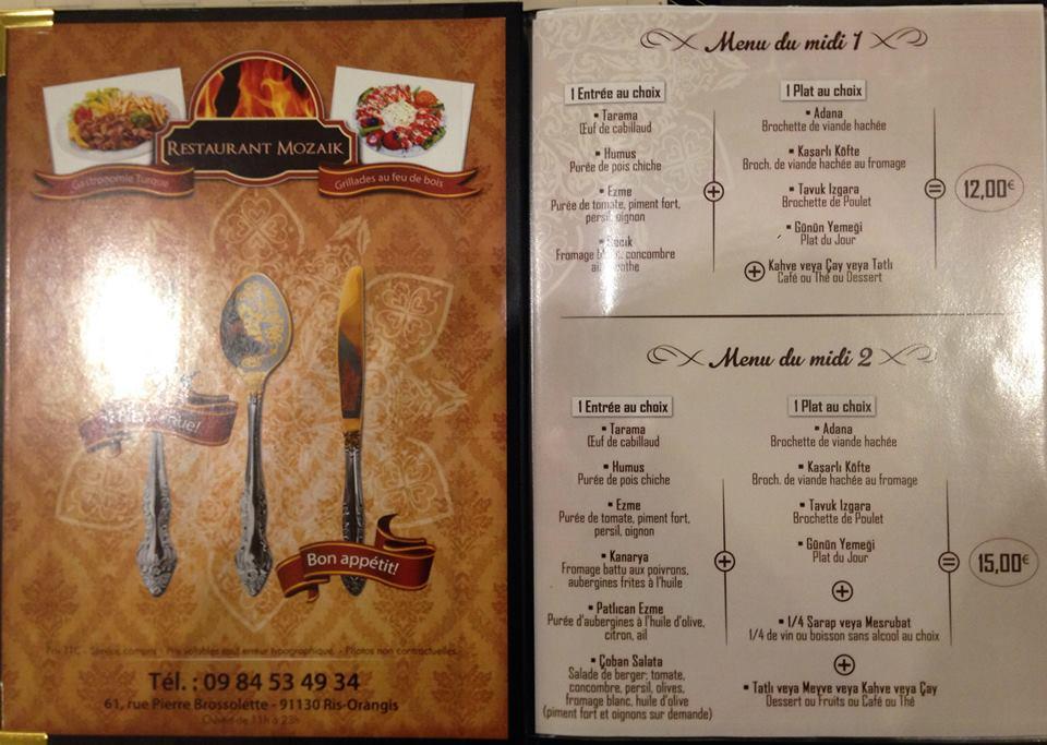 Menu de Le Mozaik