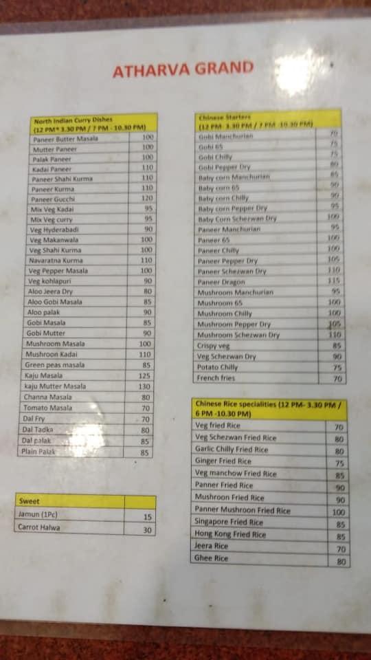Atharva Grand menu