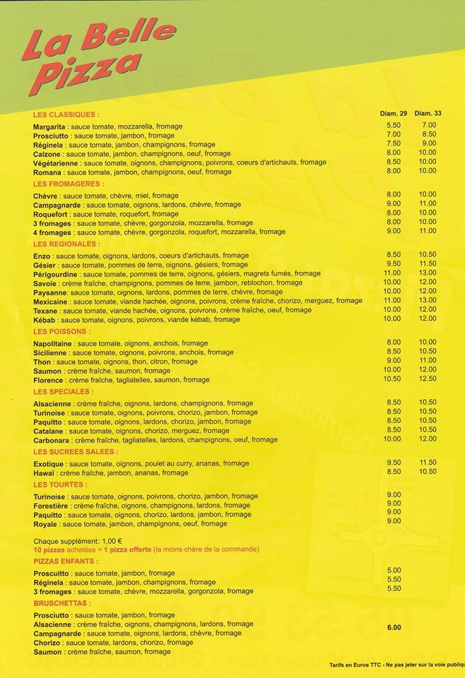 La belle pizza menu